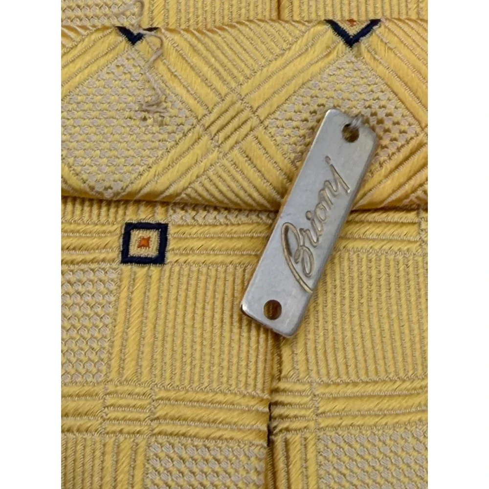Brioni Santostefano Yellow Geometric Silk Tie HandMade Italy Checkered Navy TD17